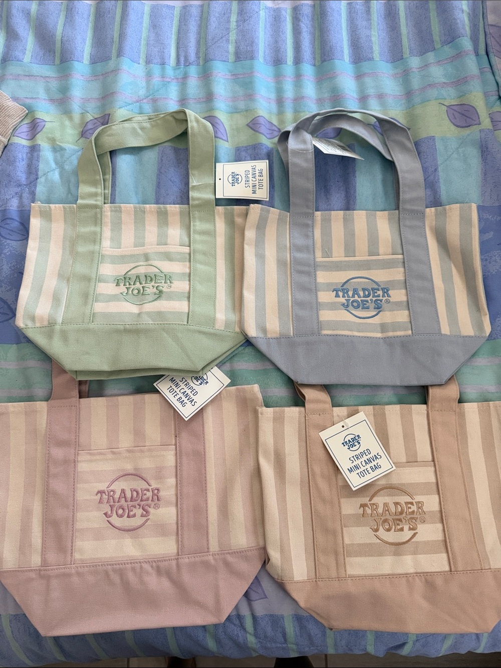 Trader Joe's Striped Mini Canvas Tote — Pastel Green, Blue, Pink, Tan